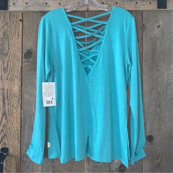 Women’s L BALANCE COLLECTION Aqua Green Fitness Active L/S Strappy V YOGA Top - Picture 8 of 14
